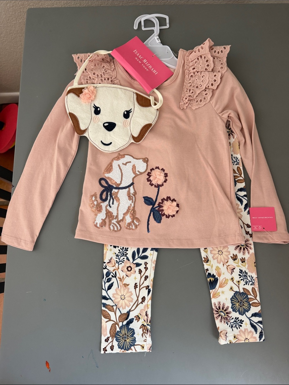 Isaac Mizrahi Pink Puppy Applique Pajama Set with Floral Leggings